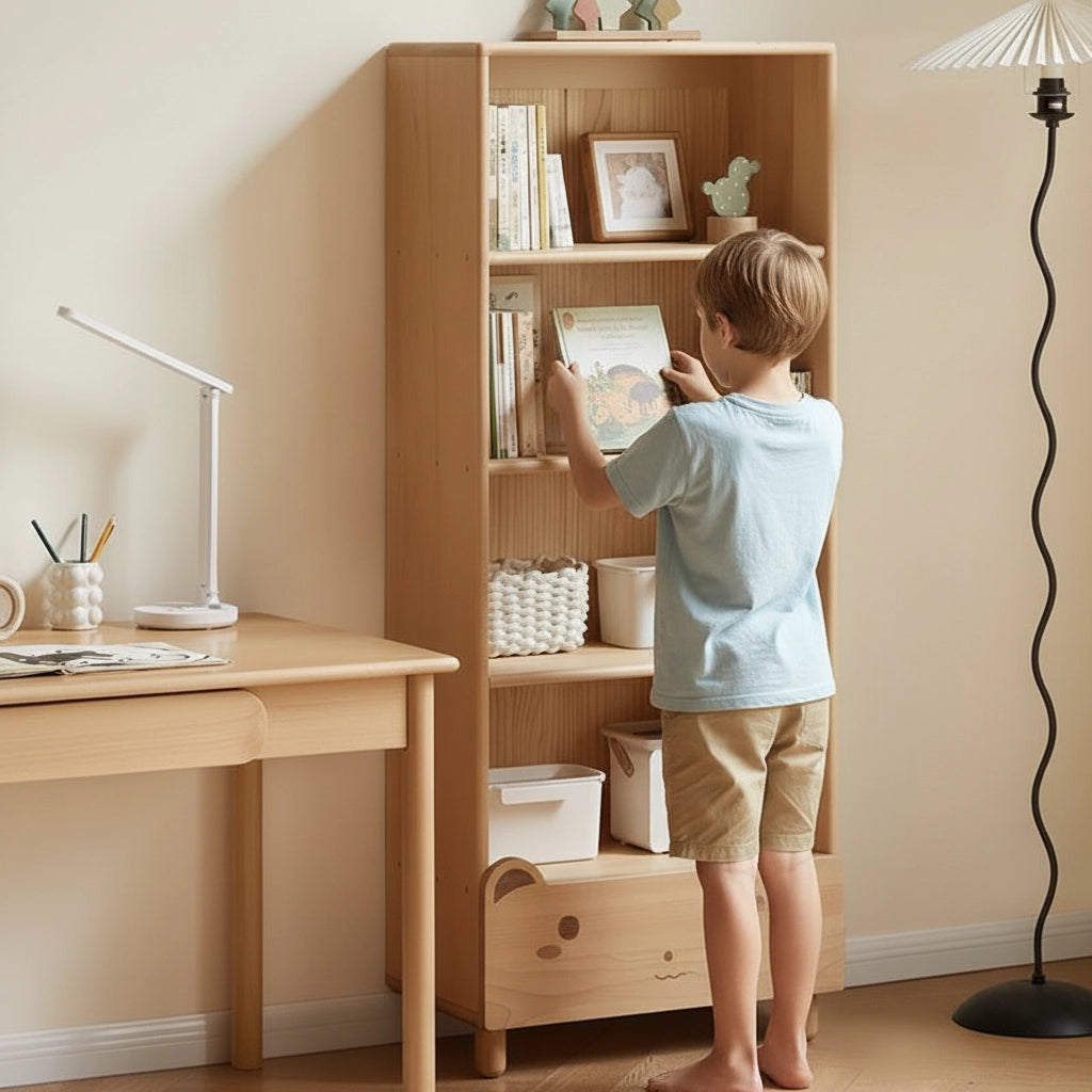 Solid Beech Kids Bookcase with Bear Drawer