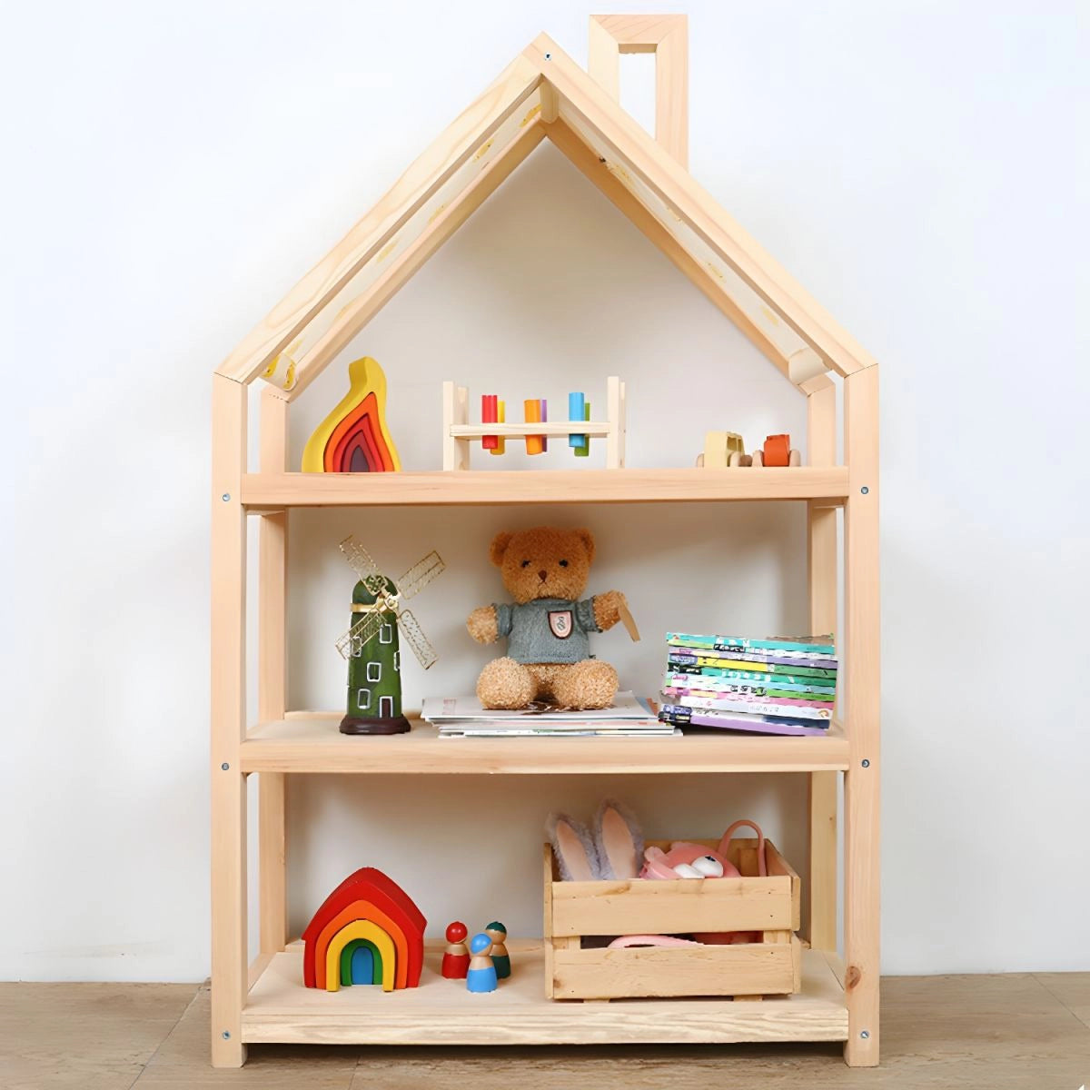 House-Shaped Montessori Toy Shelf, Solid Pine