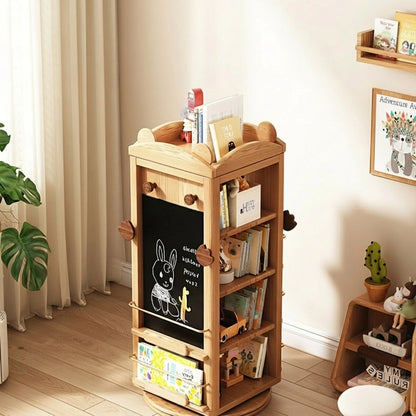 Rotating Montessori Bookshelf with Chalkboard, Solid Red Oak
