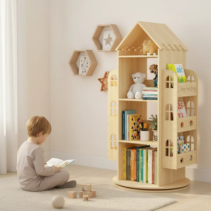 House-Shaped Montessori Rotating Bookshelf, Solid Pine