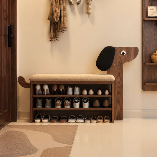Dog-Shaped Shoe Storage Bench with Padded Seat, Solid Rubber Wood