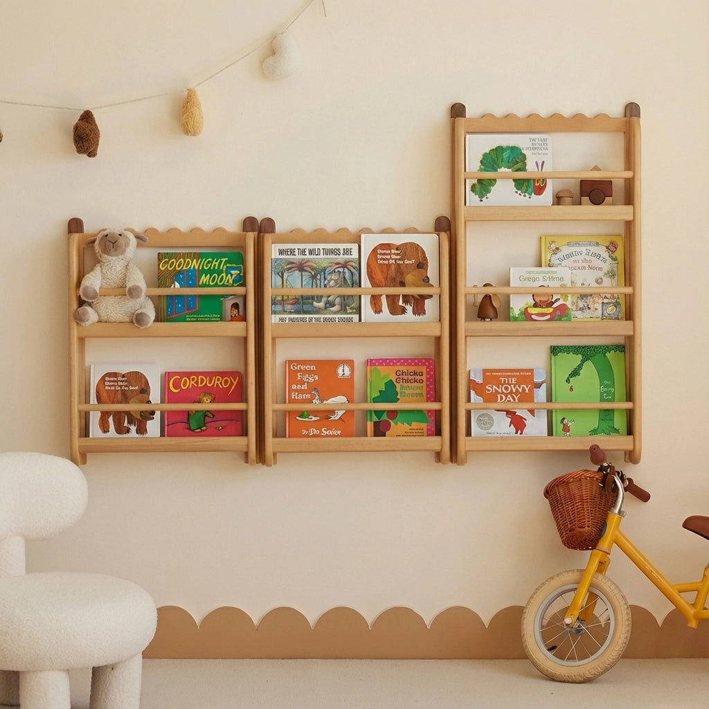 Front-Facing Montessori Wall Bookshelf, Solid Beech Wood