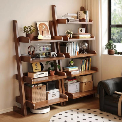 Leaning Ladder Bookshelf, Solid Rubberwood