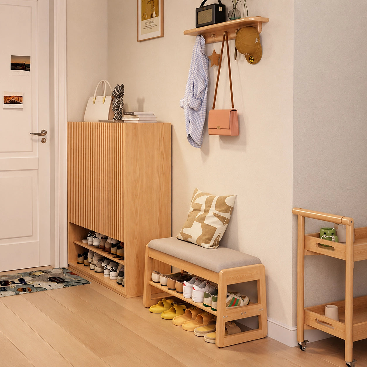 Entryway Shoe Storage Bench with Padded Cushion, Solid Rubberwood