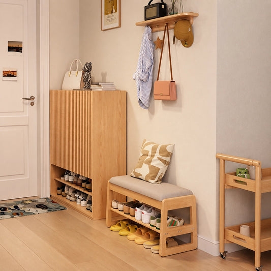Entryway Shoe Storage Bench with Padded Cushion, Solid Rubberwood