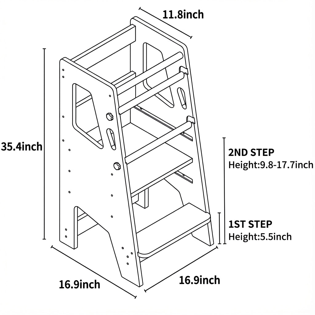 Line drawing diagram showing dimensions and step heights of the adjustable toddler standing stool