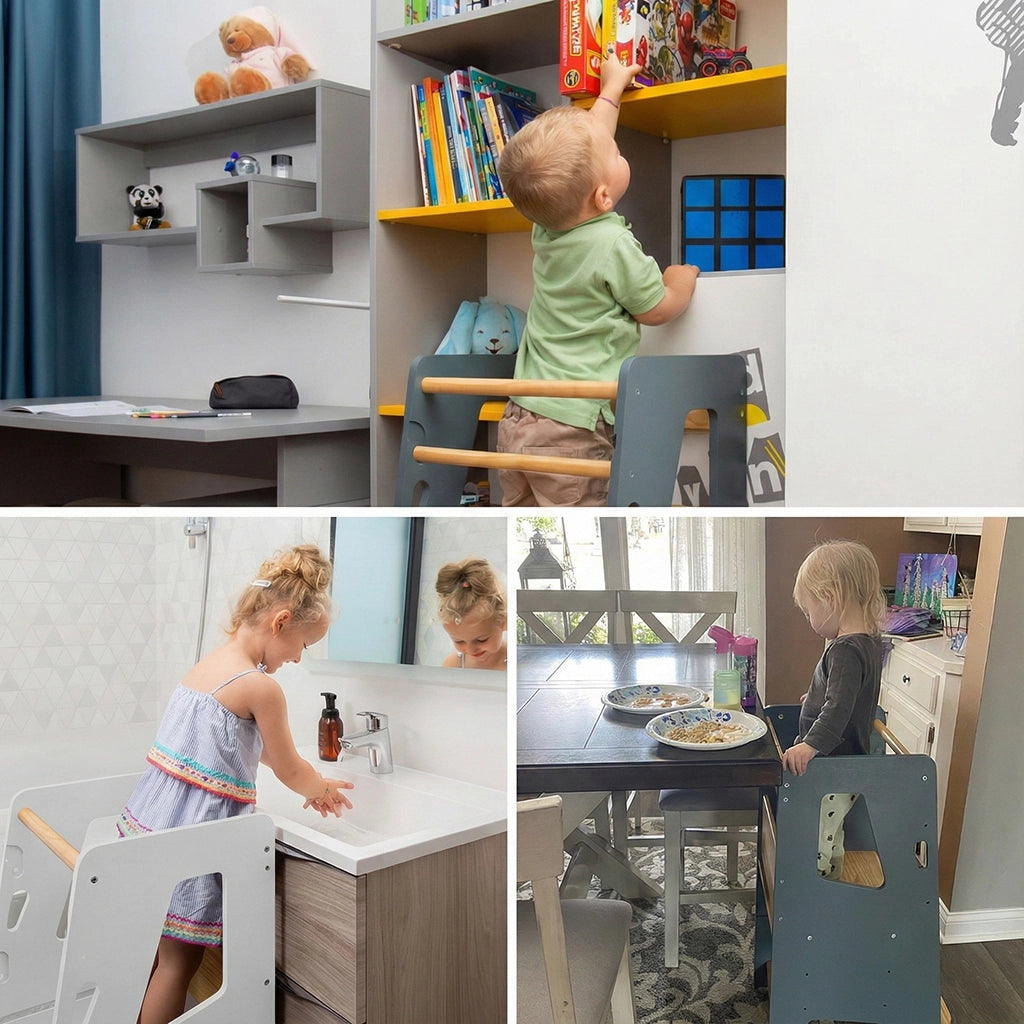 Three-image collage showing a toddler standing stool used for reaching a bookshelf, washing hands, and dining
