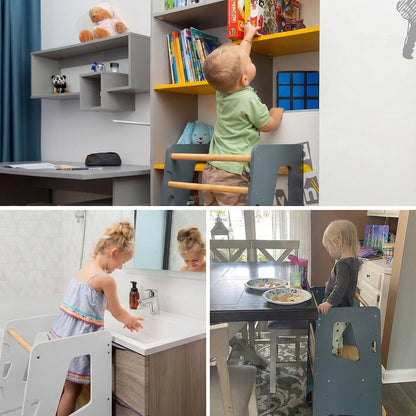 Three-image collage showing a toddler standing stool used for reaching a bookshelf, washing hands, and dining