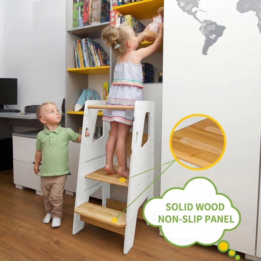 White toddler standing stool infographic highlighting the solid wood non-slip step panels
