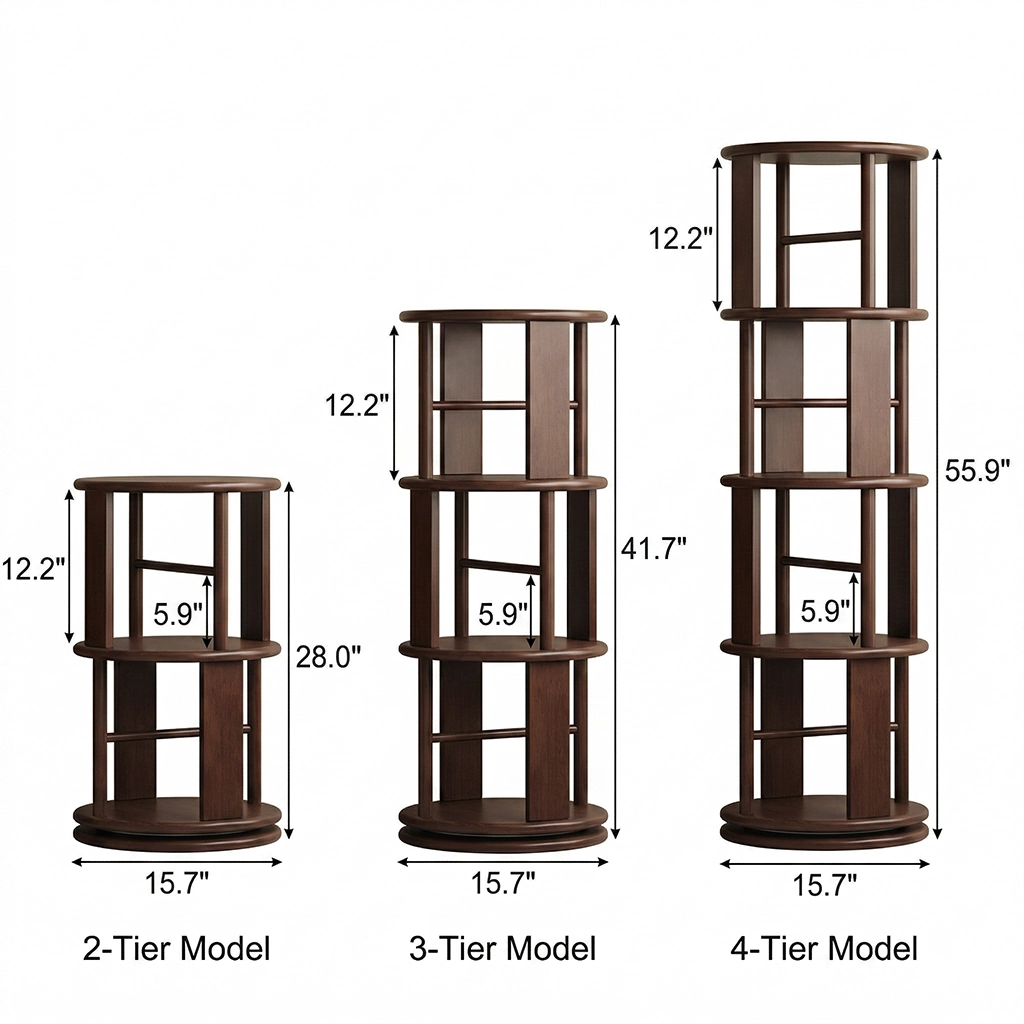 Dimension diagram of the two-tier, three-tier, and four-tier solid rubber wood rotating bookshelf models