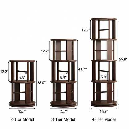 Dimension diagram of the two-tier, three-tier, and four-tier solid rubber wood rotating bookshelf models