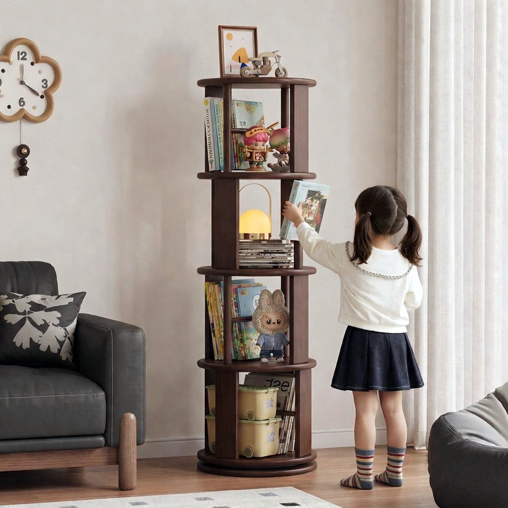A young girl in pigtails reaches for a book on a four-tier solid rubber wood rotating bookshelf in a playroom