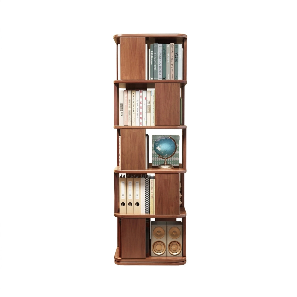 Five-tier solid rubberwood rotating bookshelf with books and a small globe on a white background