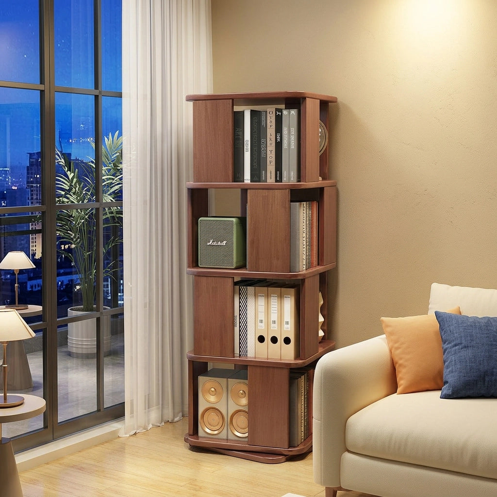 Four-tier solid rubberwood rotating bookshelf styled with books in a modern living room setting