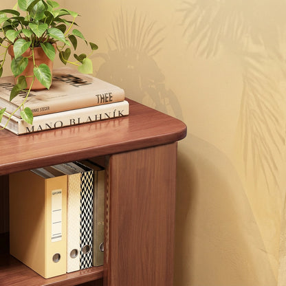 Detailed close-up of books and a potted plant on top of a solid rubberwood bookshelf