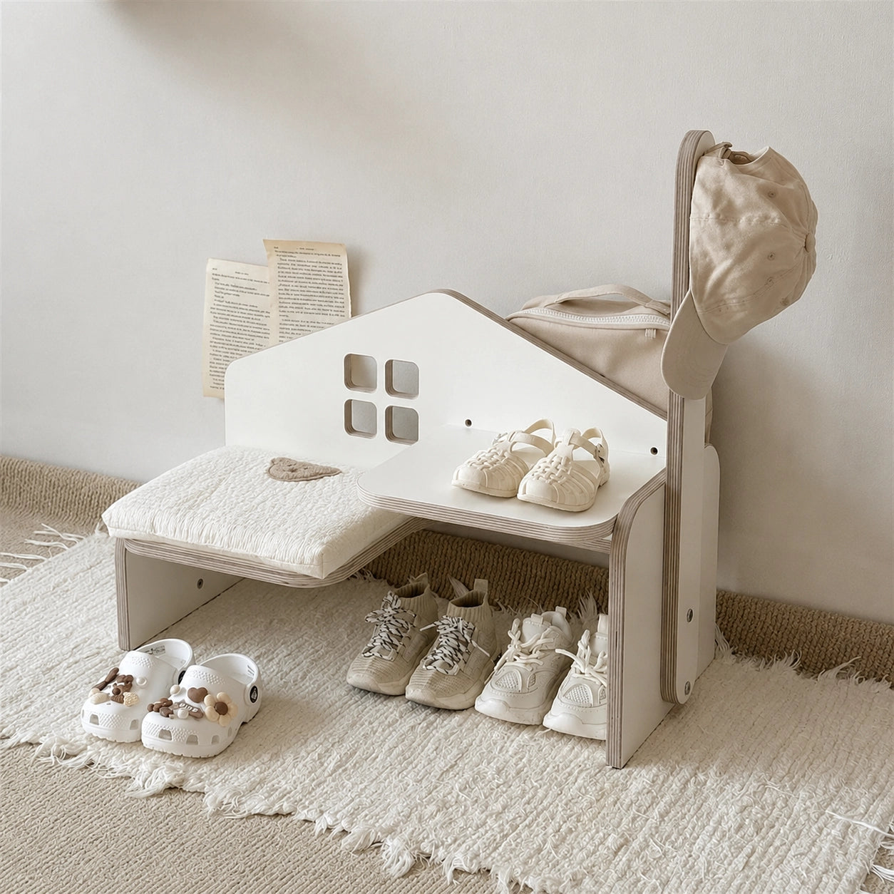 Montessori Wooden Kids Shoe Storage Bench, Marine Plywood