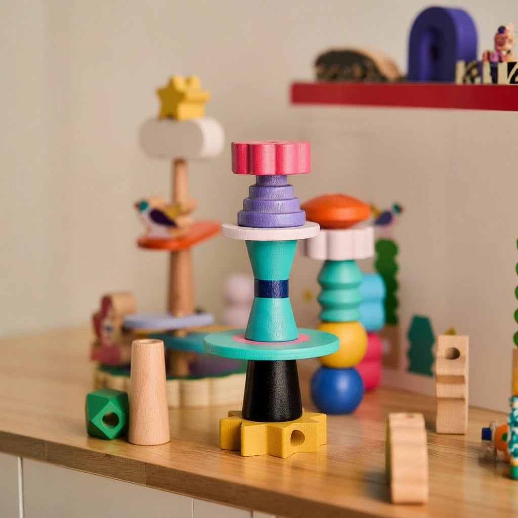 Toddler Lacing and Stacking Blocks Set, Solid Beech Wood