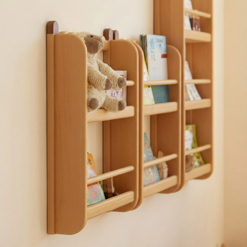 Front-Facing Montessori Wall Bookshelf, Solid Beech Wood