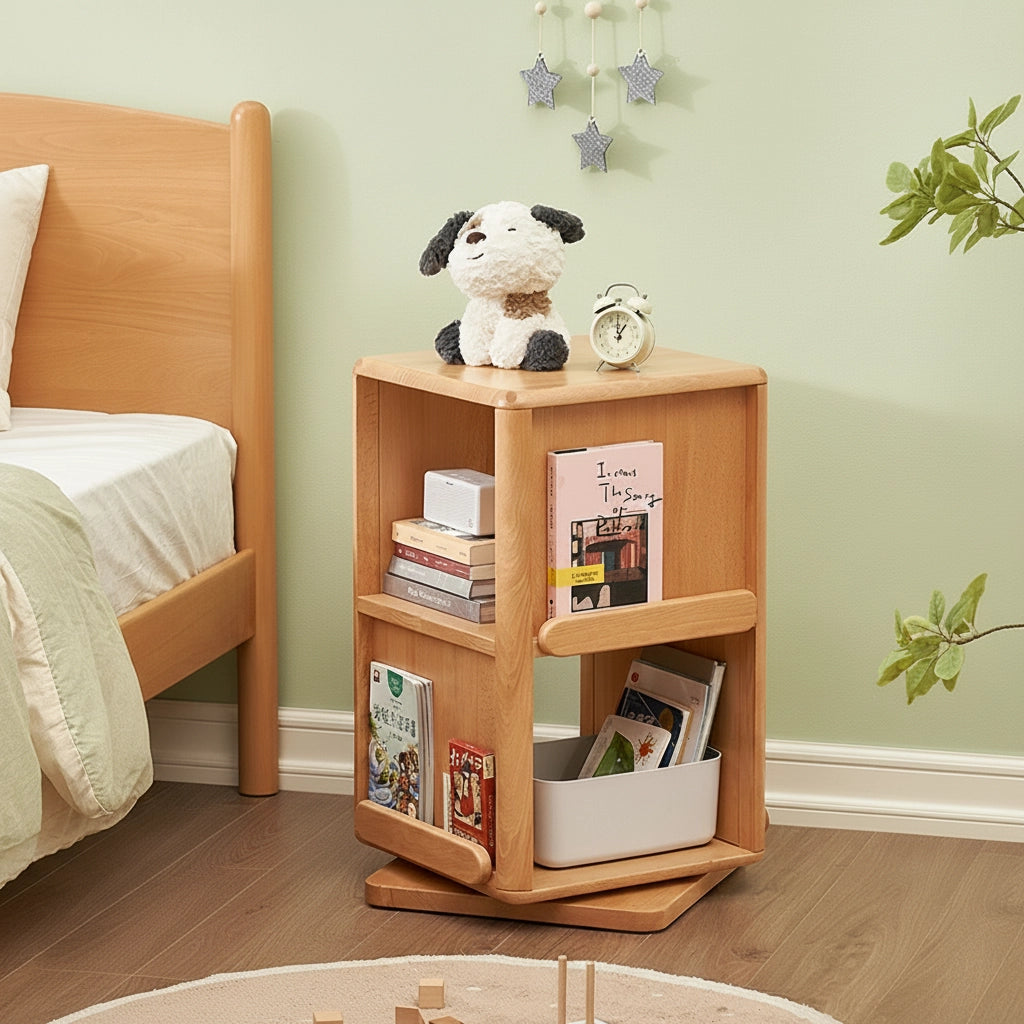 Rotating Solid Beech Kids Bookshelf Montessori Book Storage Tower