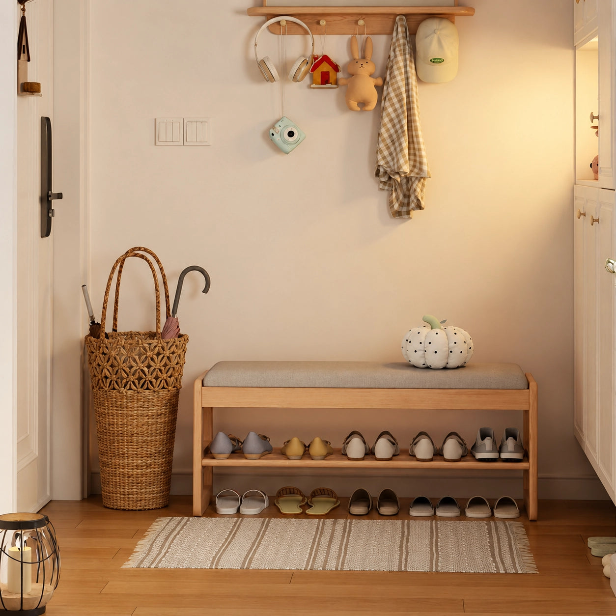 Entryway Shoe Storage Bench with Padded Cushion, Solid Rubberwood