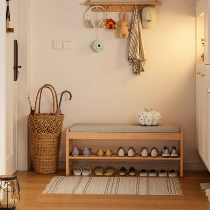 Entryway Shoe Storage Bench with Padded Cushion, Solid Rubberwood