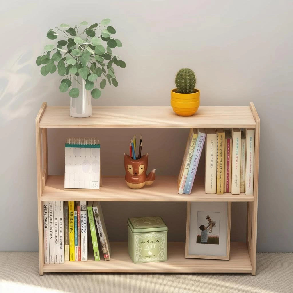 Low Bookshelf and Toy Storage Organizer, Solid Pine