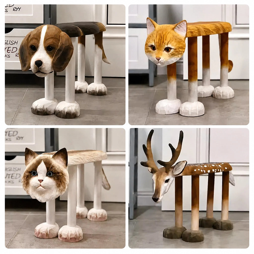 Hand-Carved Animal Low Stool for Toddlers, Solid Basswood