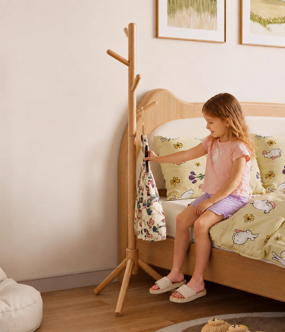 Adjustable Tree Coat Rack for Kids, Solid Wood