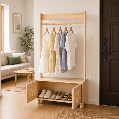 Kids Garment Rack with Rattan Storage Cabinet, Solid Pine