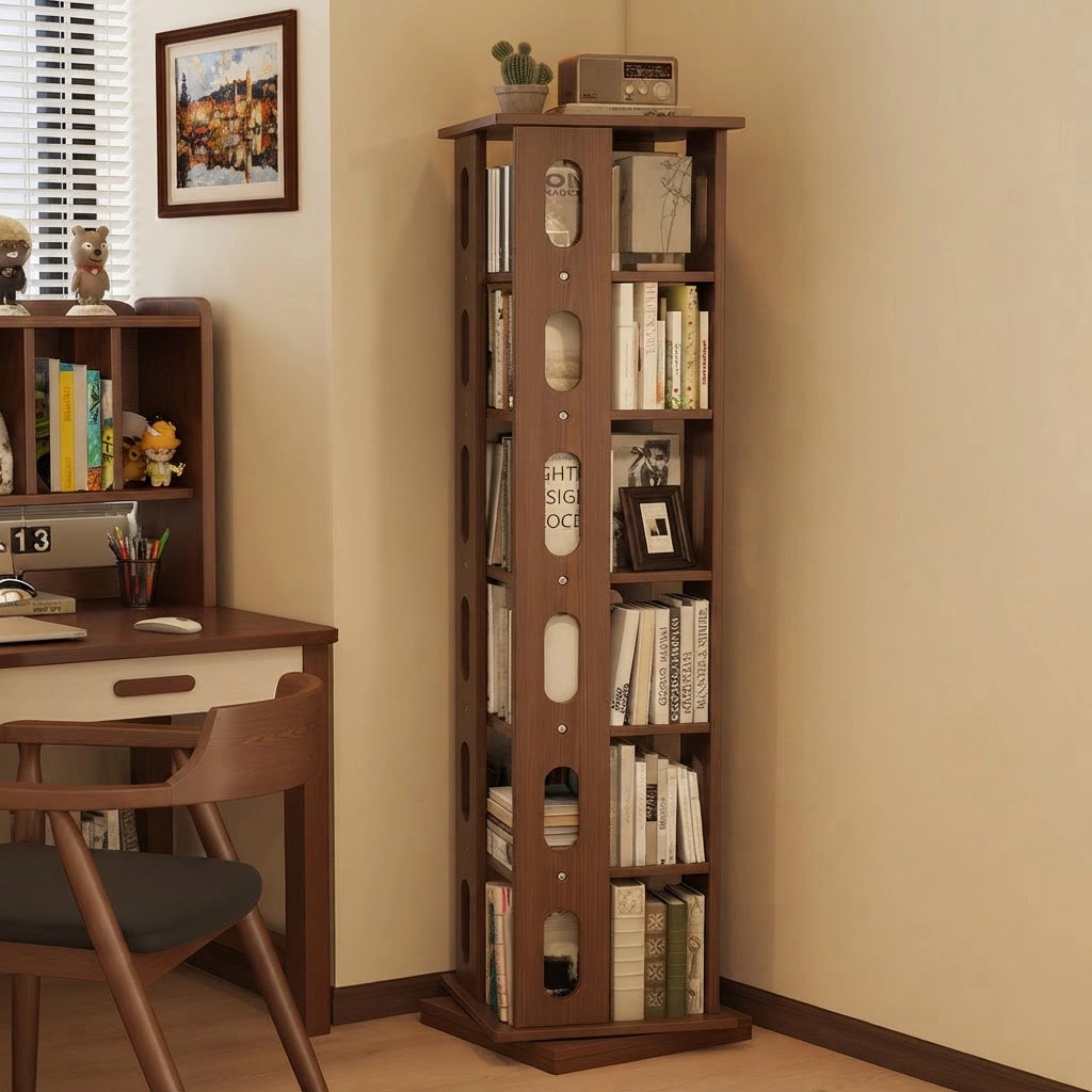 360-Degree Rotating Bookshelf for Kids, Solid Rubber Wood