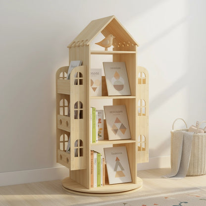 House-Shaped Montessori Rotating Bookshelf, Solid Pine
