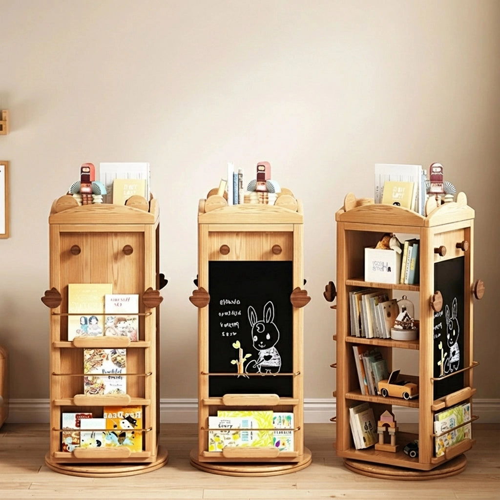 Rotating Montessori Bookshelf with Chalkboard, Solid Red Oak