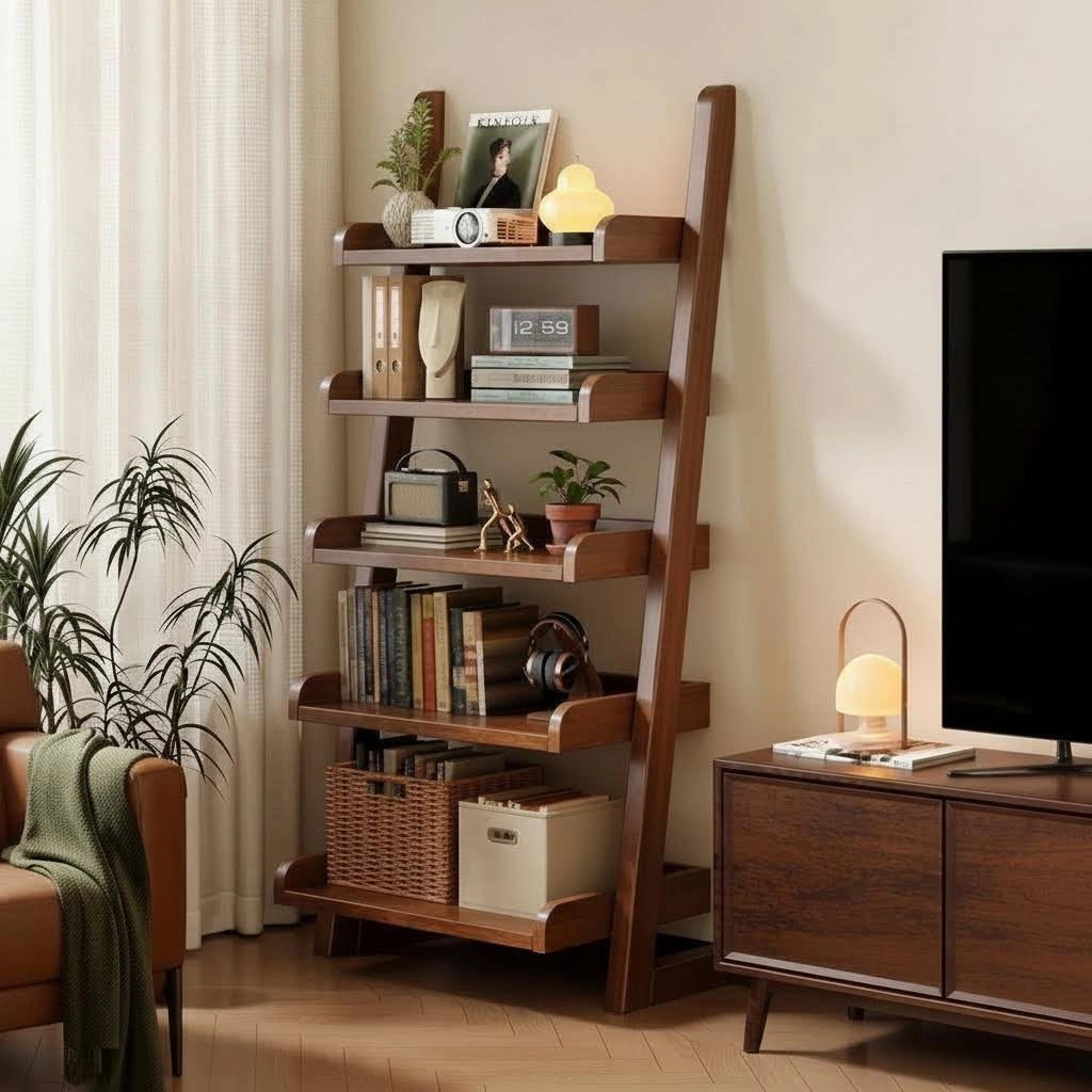 Leaning Ladder Bookshelf, Solid Rubberwood