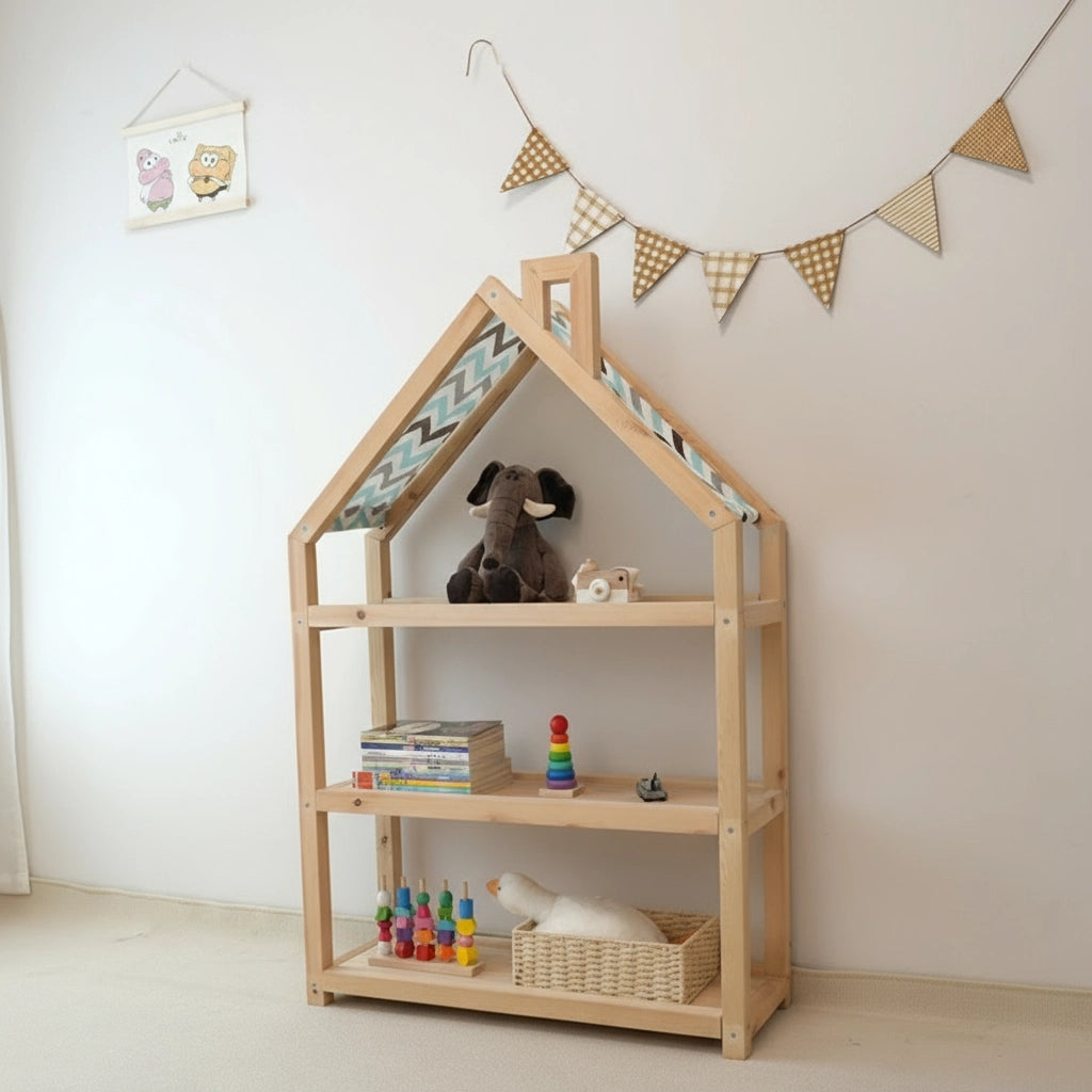 House-Shaped Montessori Toy Shelf, Solid Pine