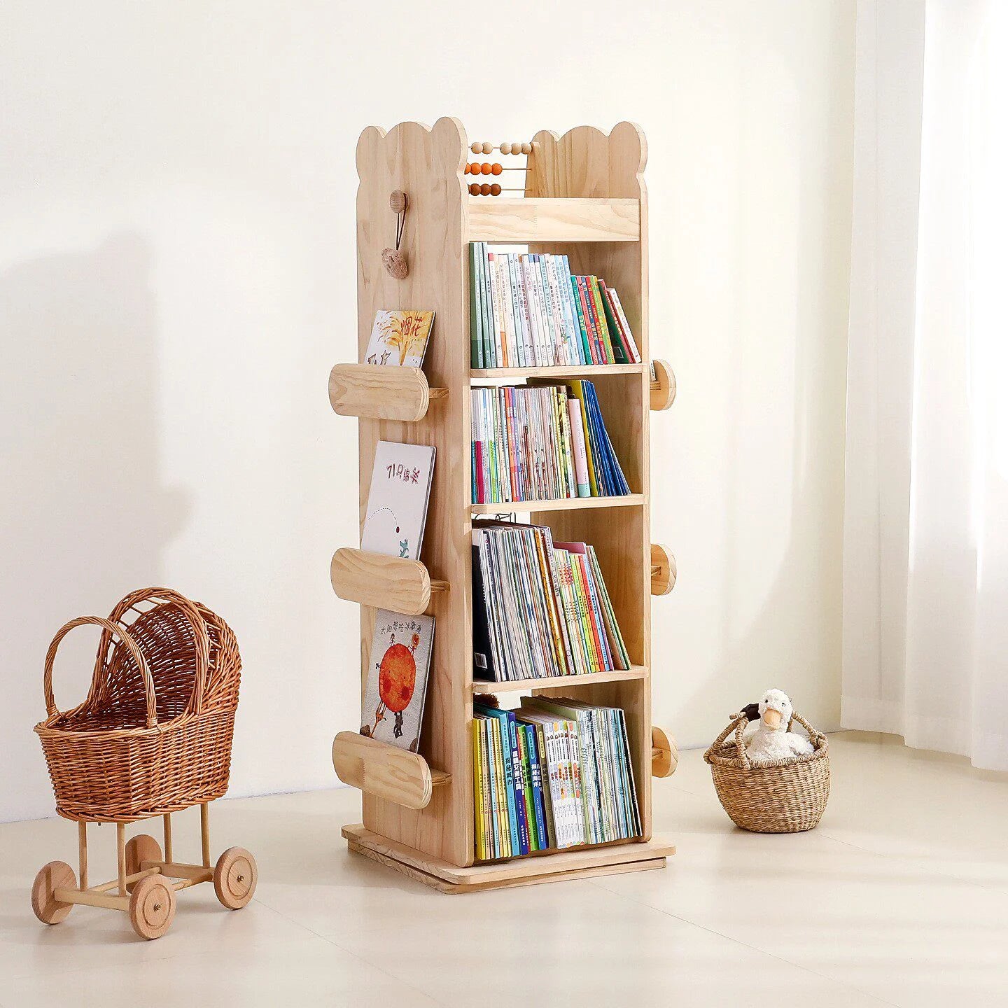 Kids Rotating Bookshelf, Solid Pine