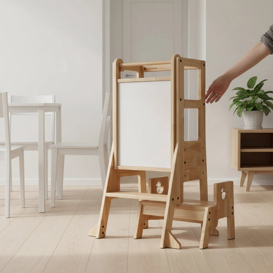 2-in-1 Montessori Toddler Standing Stool with Whiteboard, Solid Pine
