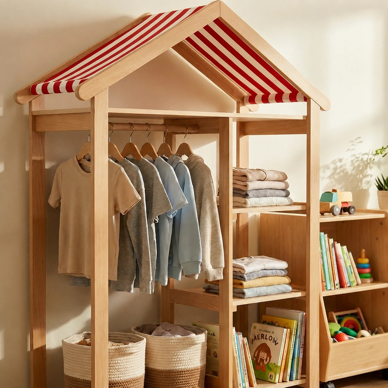 House-Shaped Kids Clothing Rack and Storage Wardrobe, Solid Wood