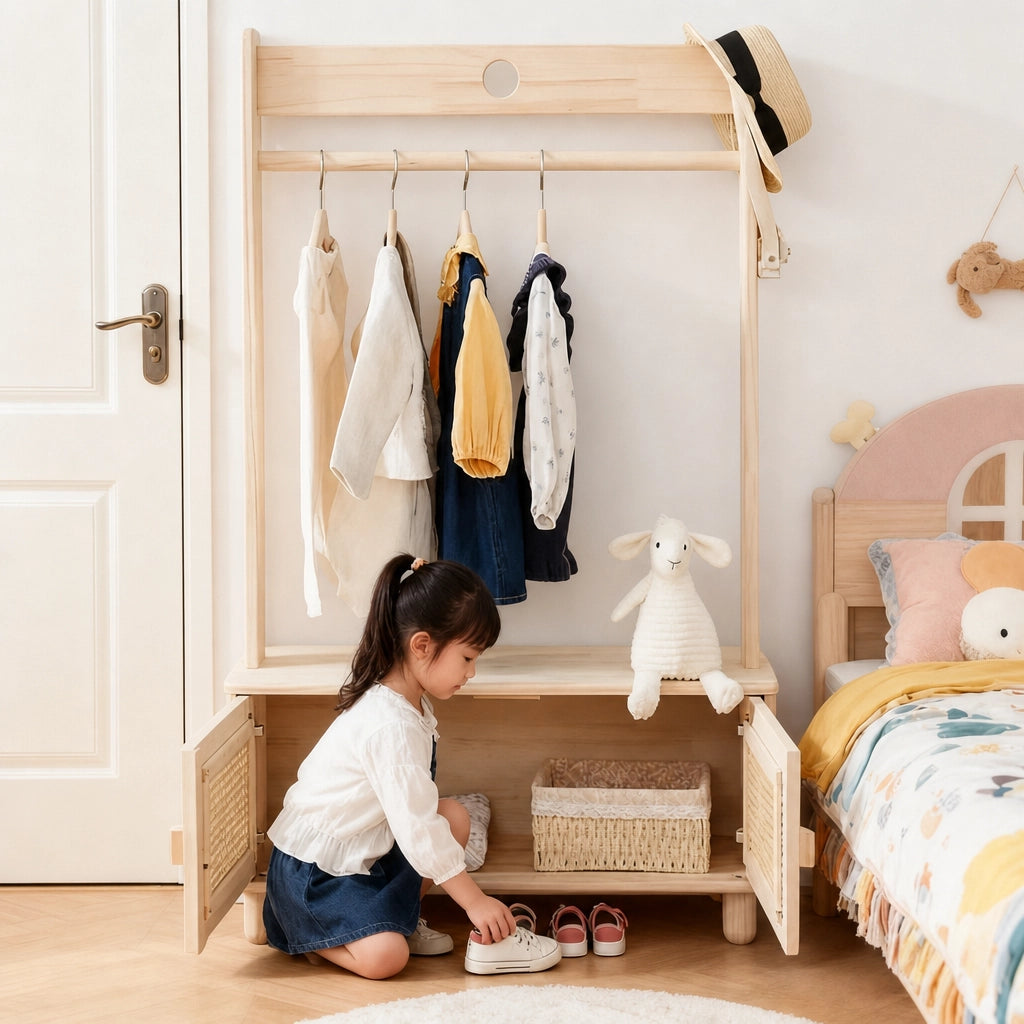 Kids Garment Rack with Rattan Storage Cabinet, Solid Pine