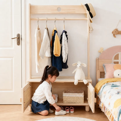 Kids Garment Rack with Rattan Storage Cabinet, Solid Pine