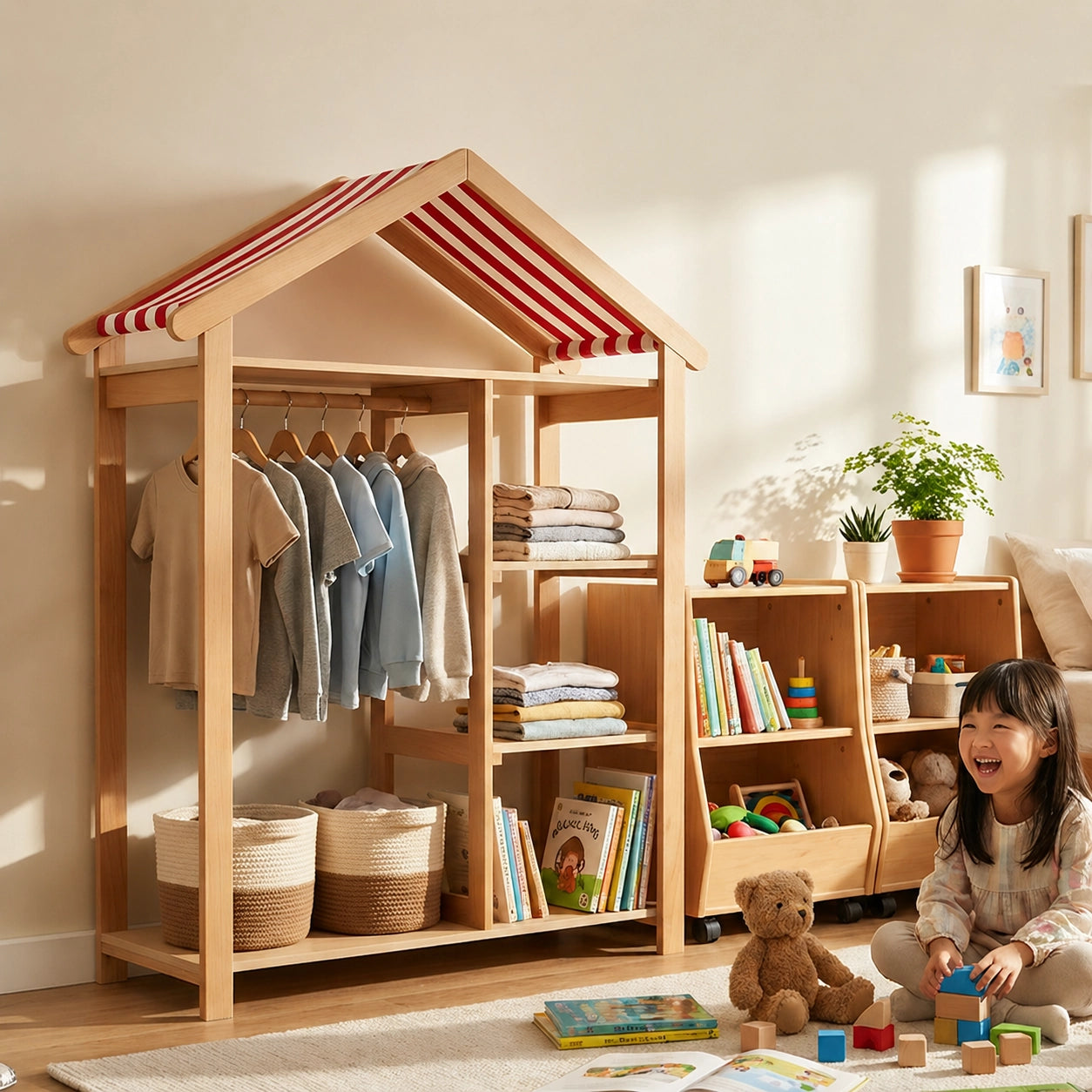 House-Shaped Kids Clothing Rack and Storage Wardrobe, Solid Wood