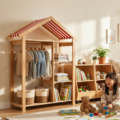House-Shaped Kids Clothing Rack and Storage Wardrobe, Solid Wood