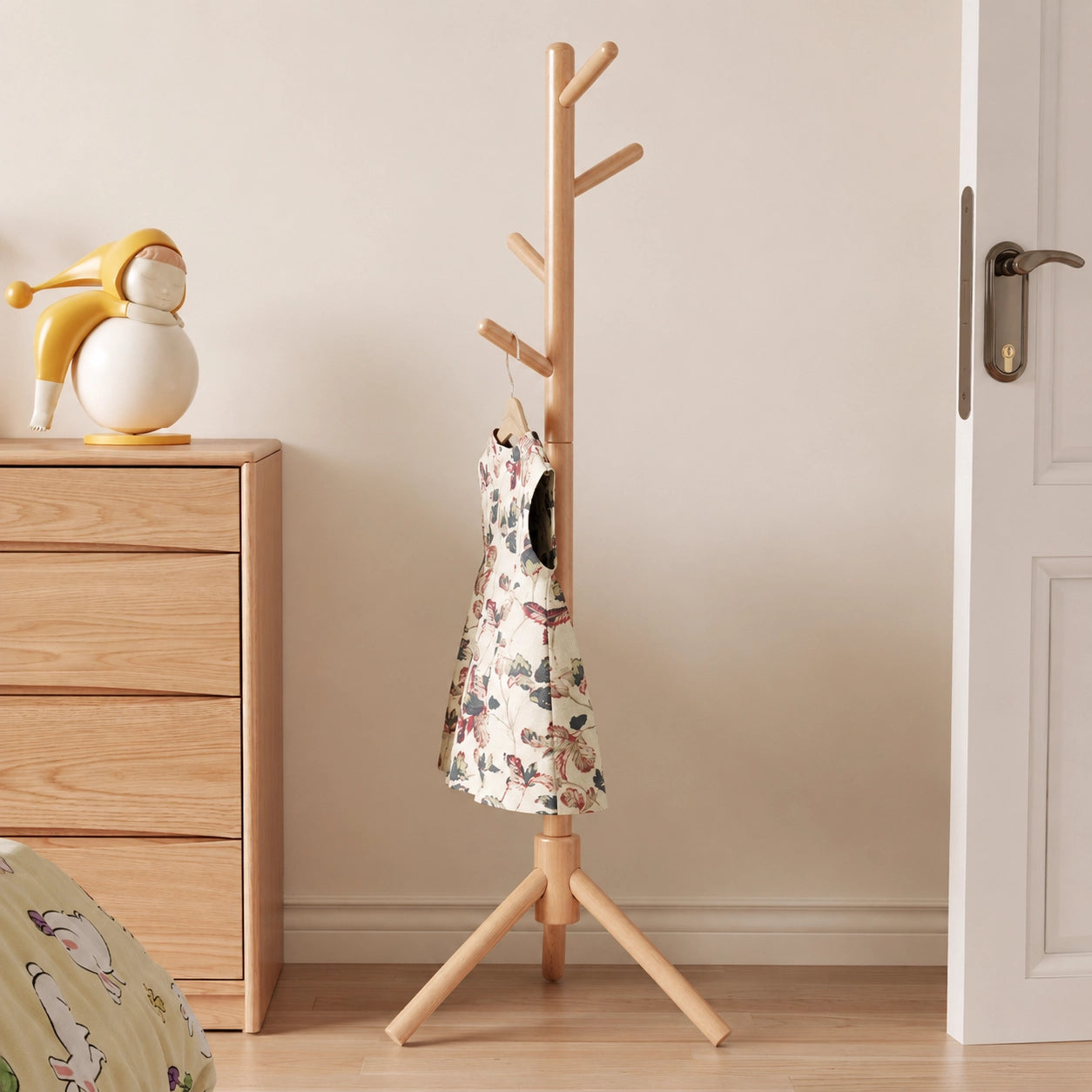 Adjustable Tree Coat Rack for Kids, Solid Wood
