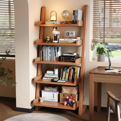 Leaning Ladder Bookshelf, Solid Rubberwood