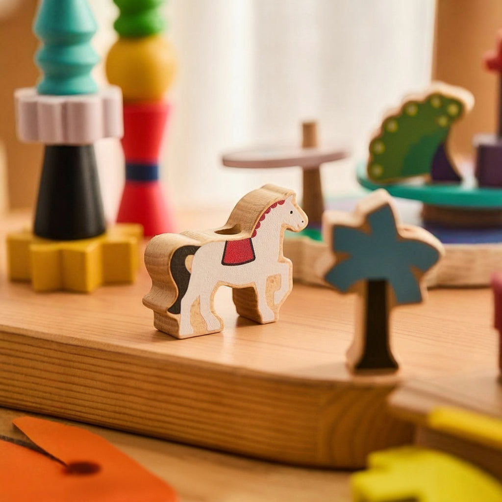 Toddler Lacing and Stacking Blocks Set, Solid Beech Wood