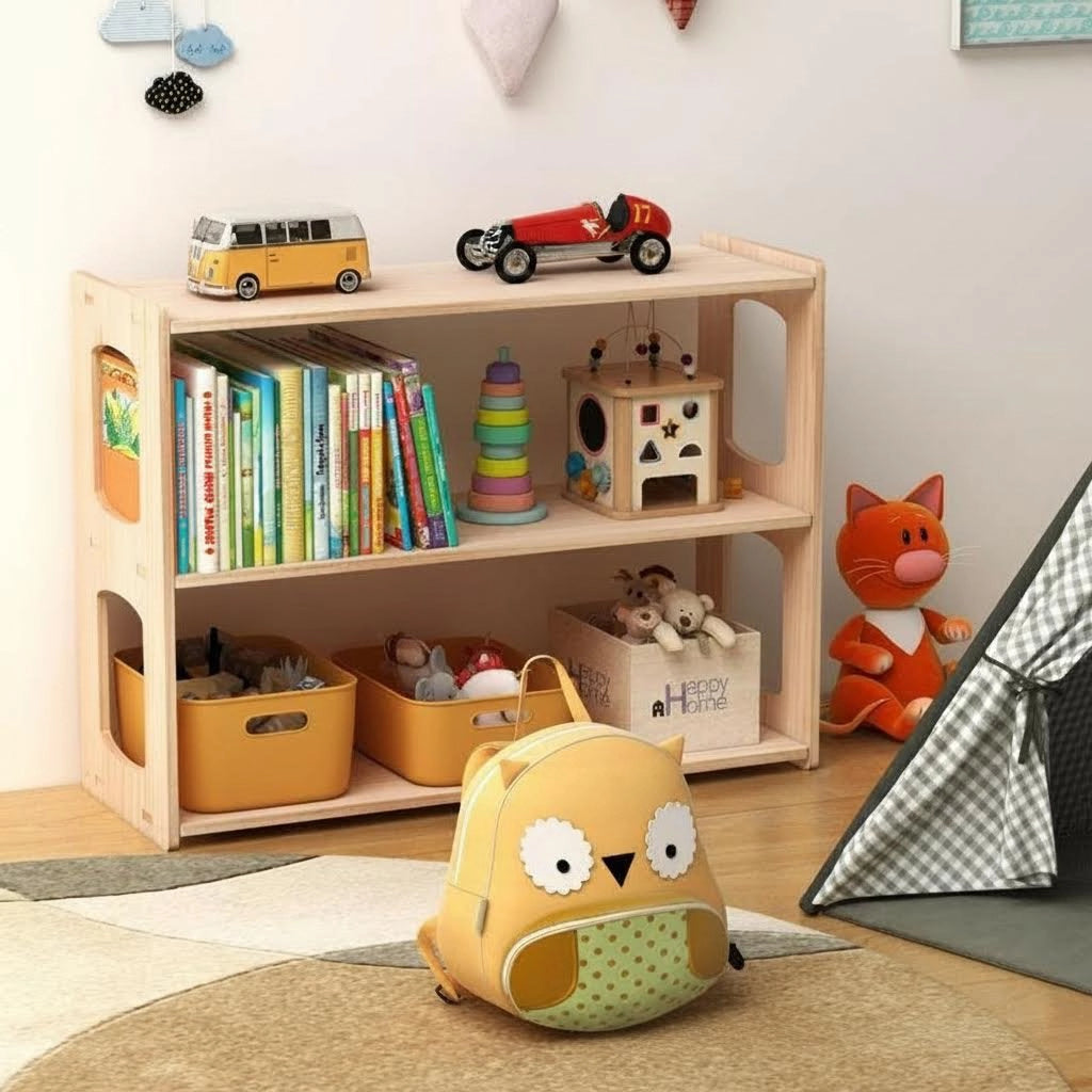 Low Bookshelf and Toy Storage Organizer, Solid Pine