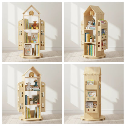 House-Shaped Montessori Rotating Bookshelf, Solid Pine