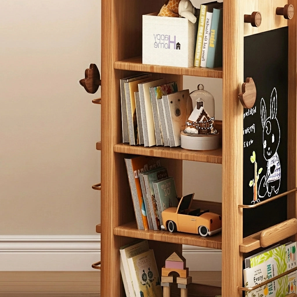 Rotating Montessori Bookshelf with Chalkboard, Solid Red Oak