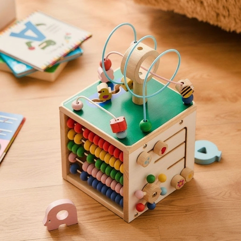 Toddler Activity Cube with Bead Maze, Solid Wood
