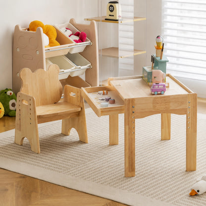 Adjustable Toddler Desk and Chair Set with Drawer, Solid Rubber Wood