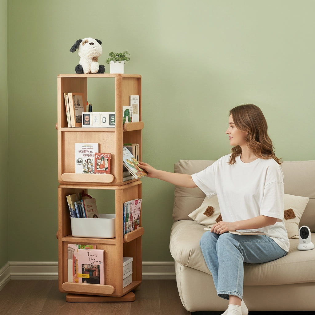 Rotating Solid Beech Kids Bookshelf Montessori Book Storage Tower